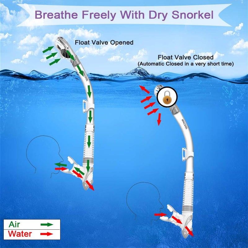 WACOOL Professional Snorkeling Snorkel Diving Scuba Package Set with Anti-Fog Coated Glass Purge Valve and Anti-Splash Silicon Mouth Piece for Men Women (Adults,Silver) - Image 4